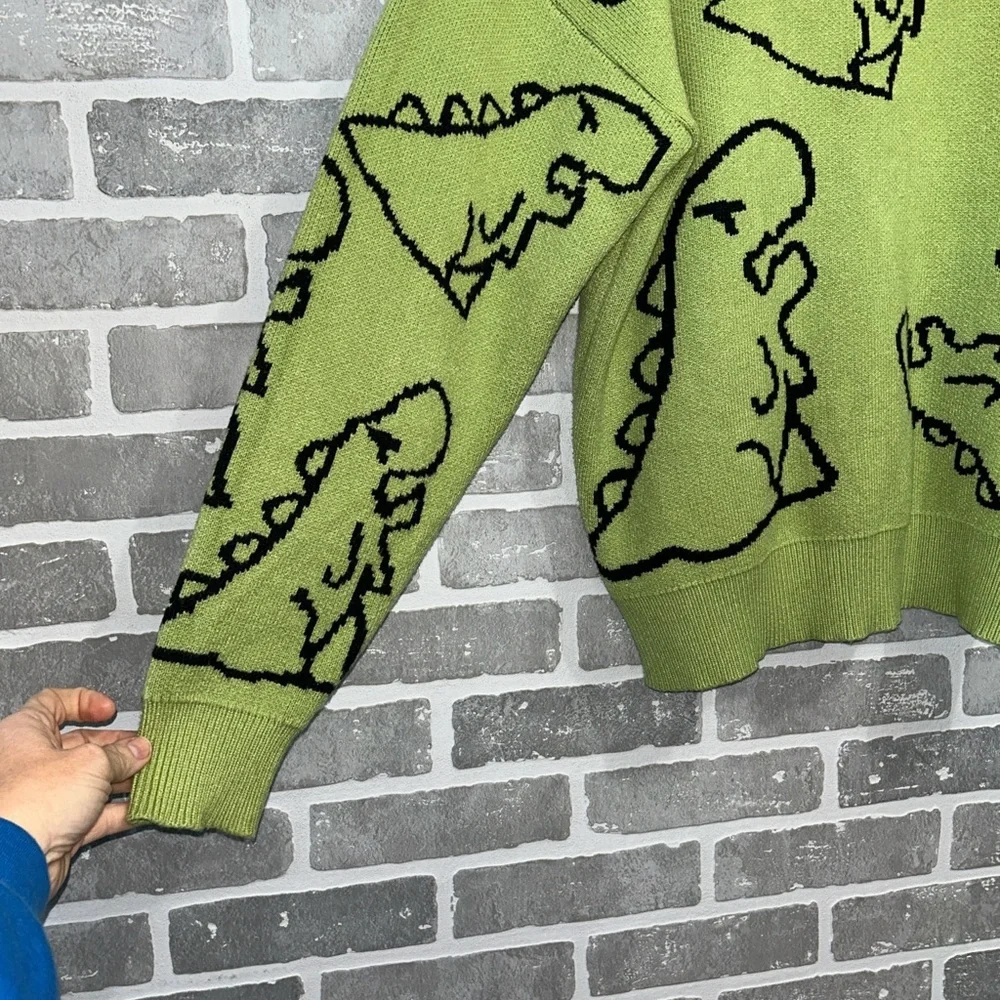 Aelfric Eden Dinosaur Sweater Green Oversized Graphic Knit Y2K Streetwear Sz M/L